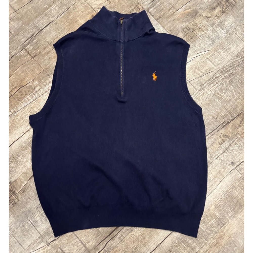 Polo Ralph Lauren Mens XL Navy Blue Pima Cotton Quarter Zip Sweater Vest Orange